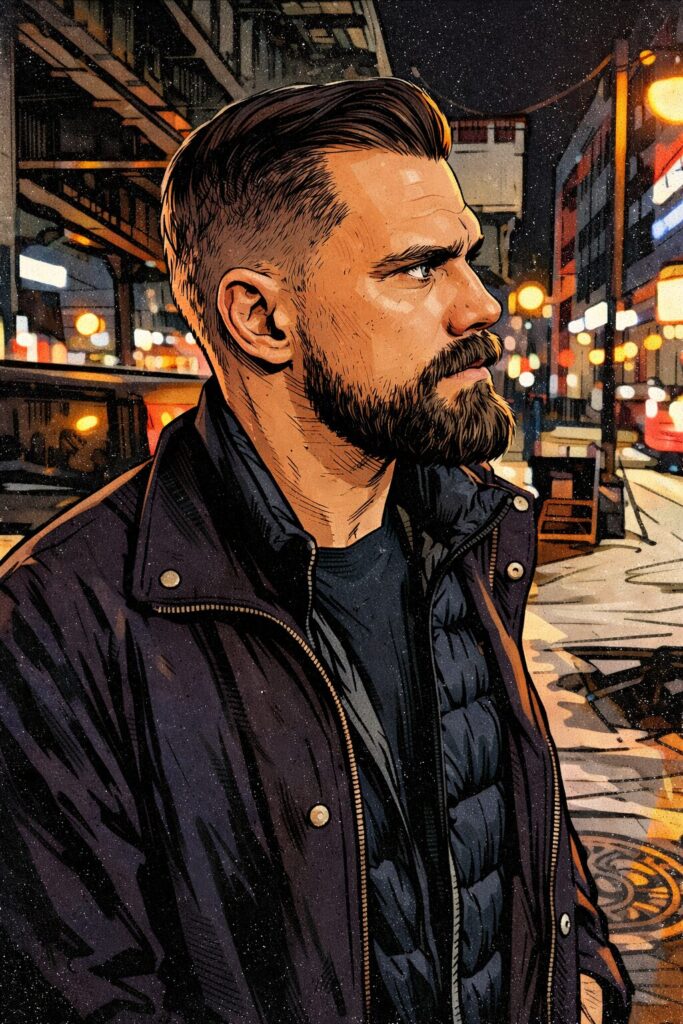 Illustrated portrait of Mike LeDoux on a city street at night